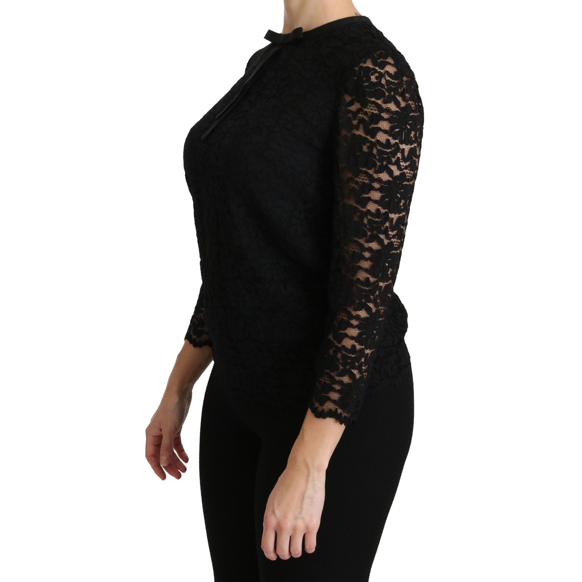 Dolce &amp; Gabbana Elegant Black Lace Crew Neck Blouse