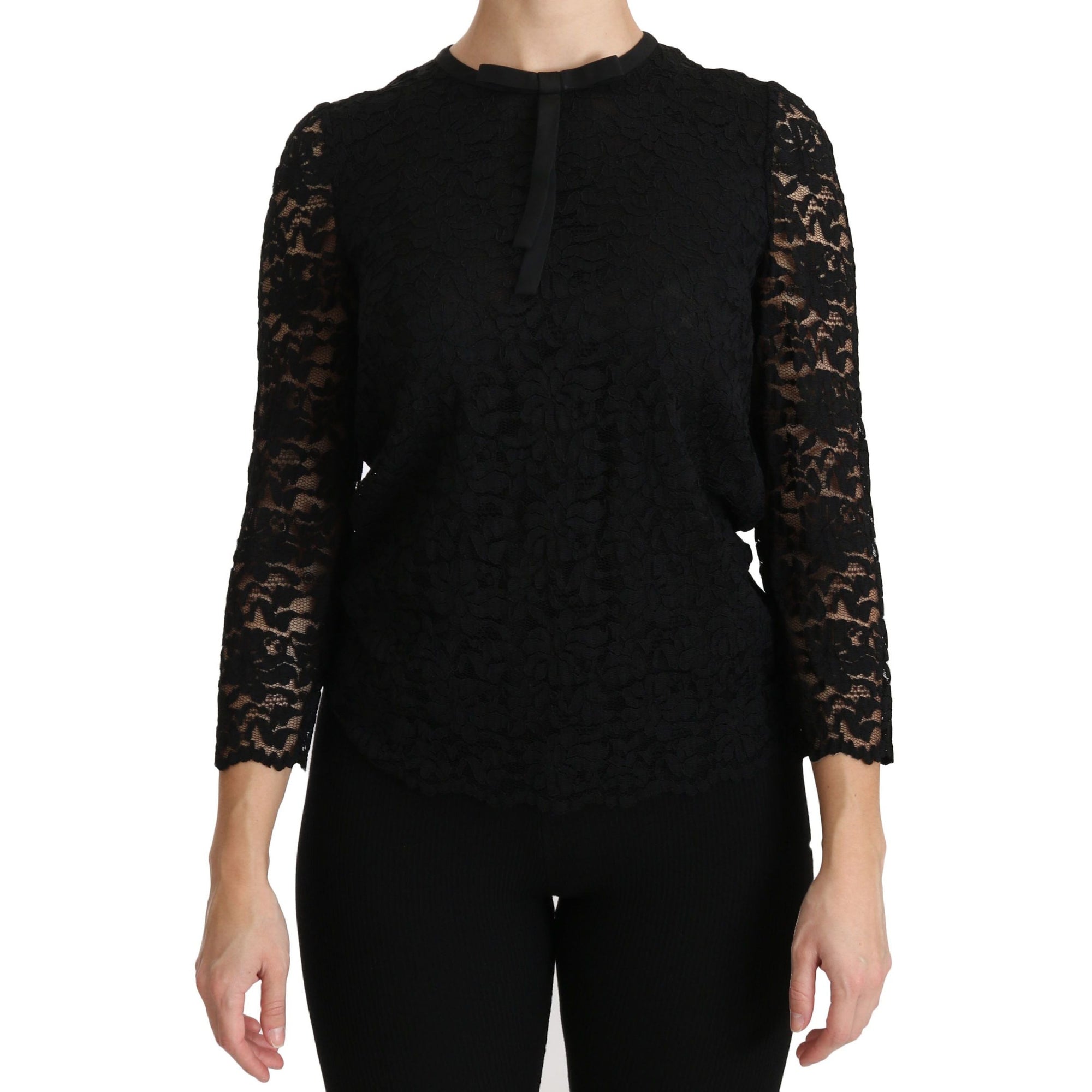 Dolce &amp; Gabbana Elegant Black Lace Crew Neck Blouse