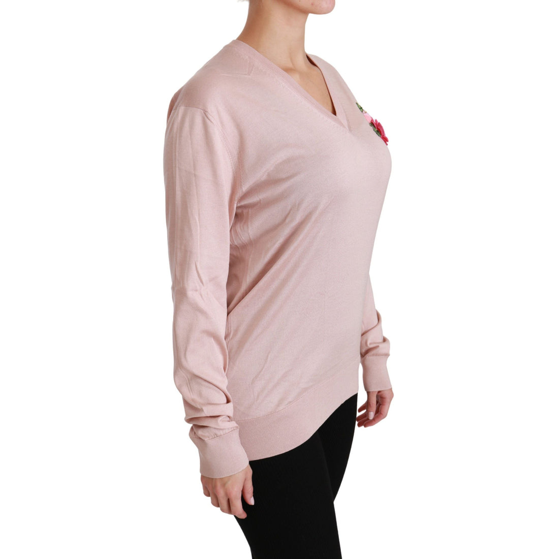 Dolce & Gabbana Pink Floral Silk V-Neck Sweater