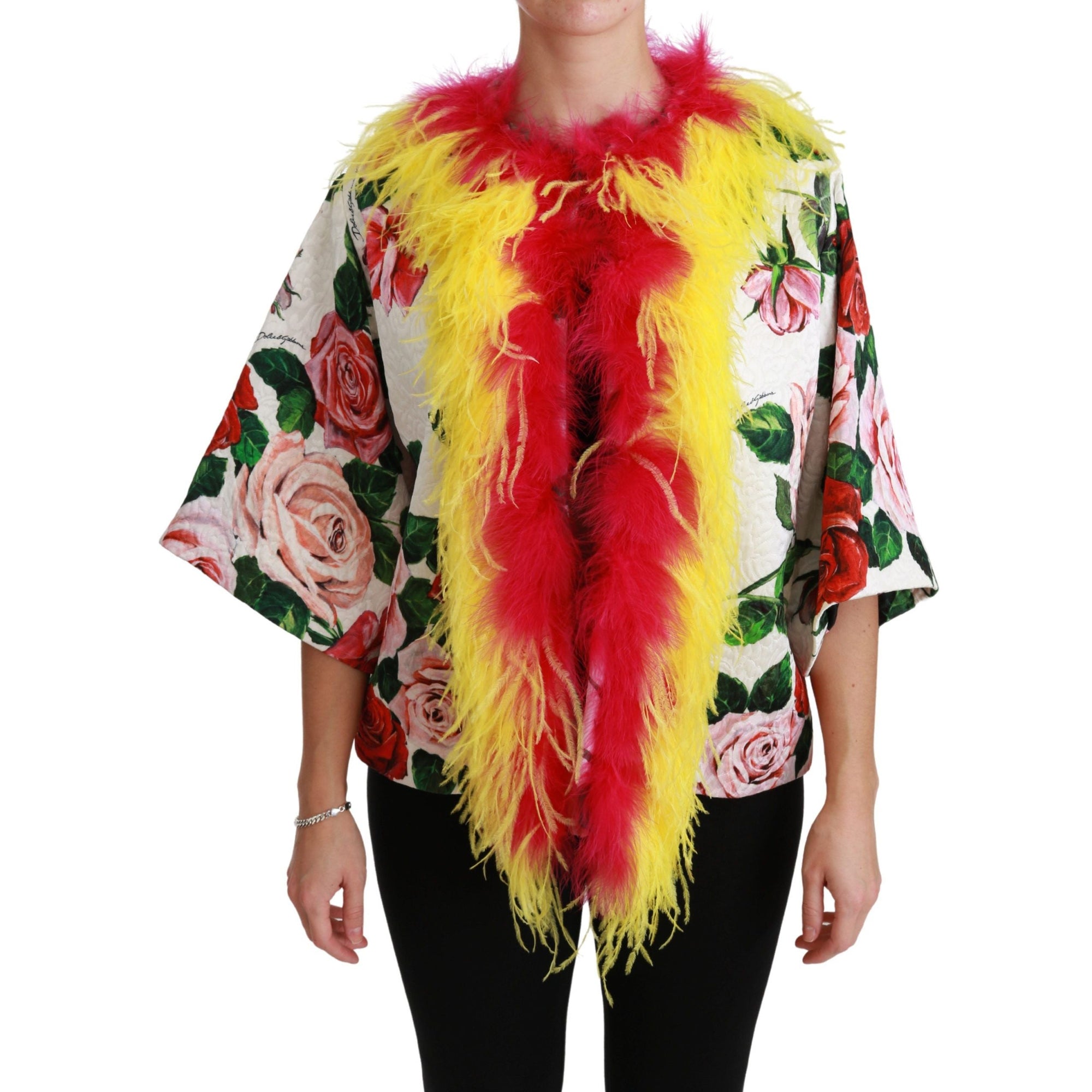 Dolce &amp; Gabbana Elegant Floral Cape Jacket with Fur Details