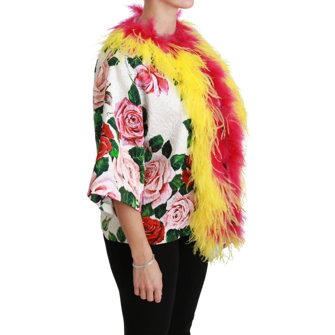 Dolce & Gabbana Elegant Floral Cape Jacket with Fur Details