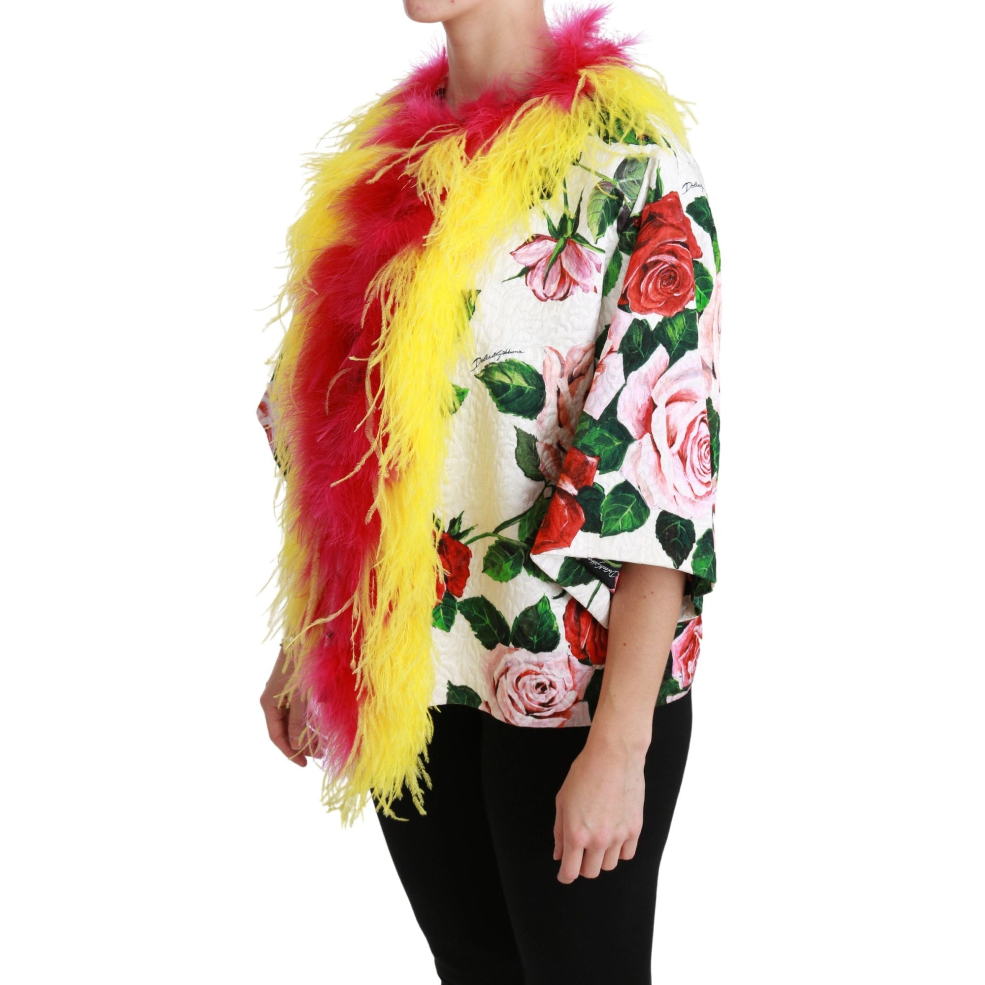 Dolce &amp; Gabbana Elegant Floral Cape Jacket with Fur Details