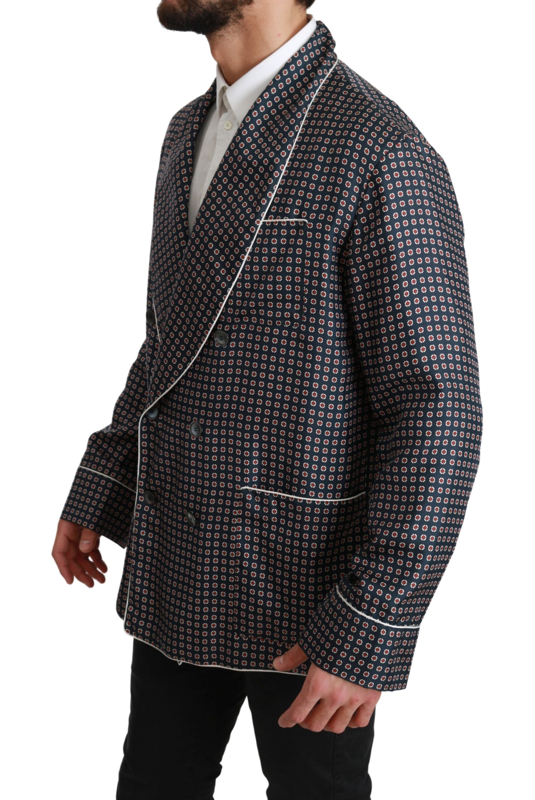 Dolce &amp; Gabbana Elegant Navy Silk Double Breasted Coat