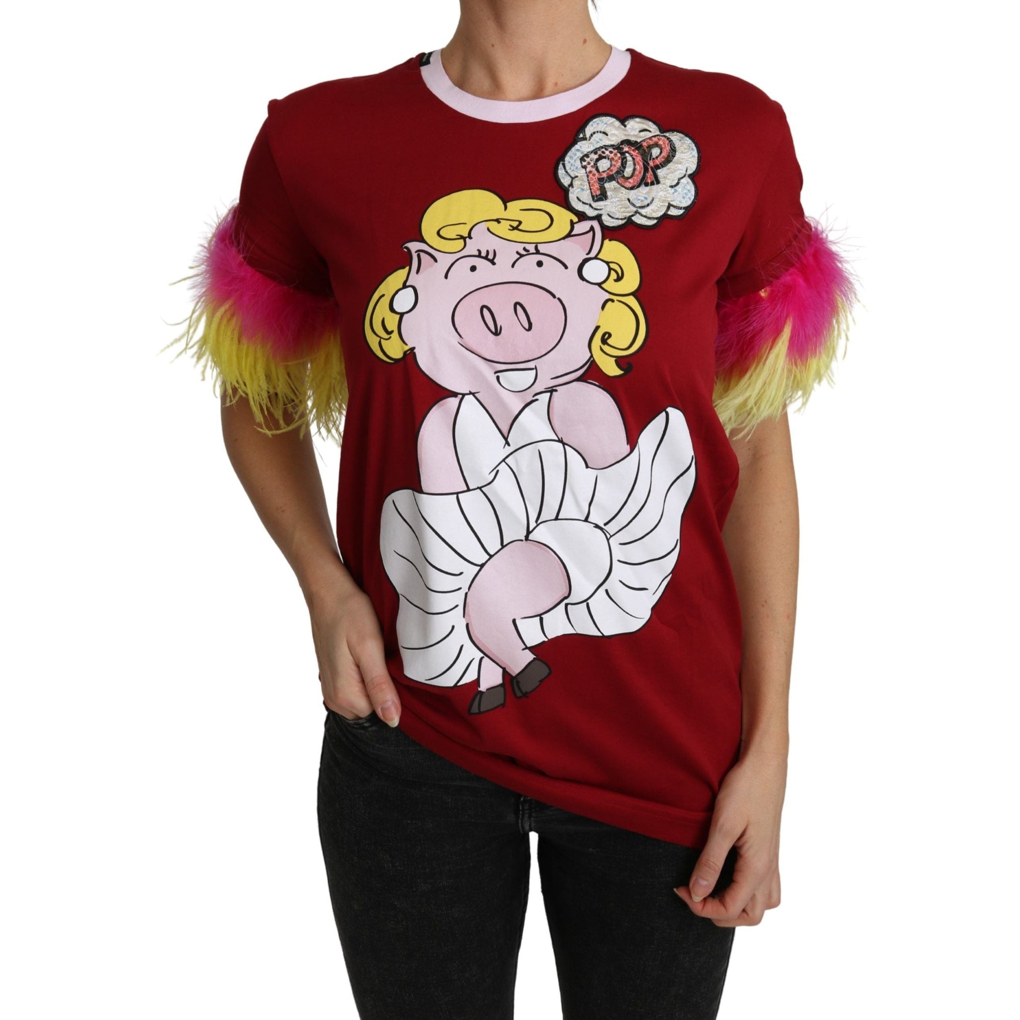 Dolce &amp; Gabbana Chic Red Pig Print Crew Neck T-Shirt