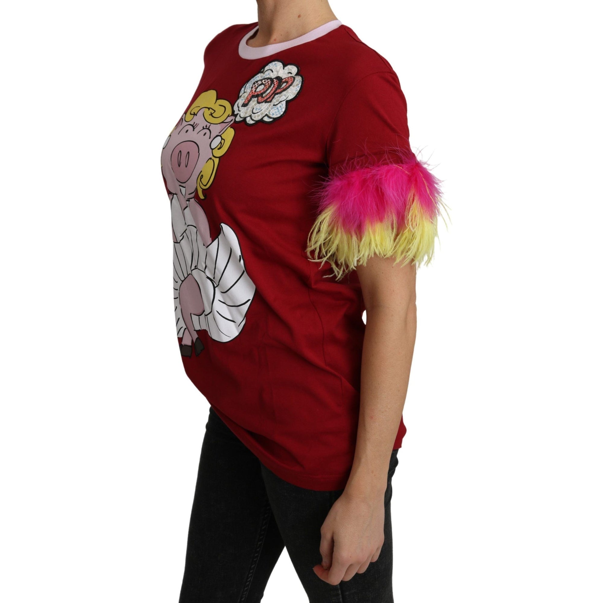 Dolce &amp; Gabbana Chic Red Pig Print Crew Neck T-Shirt