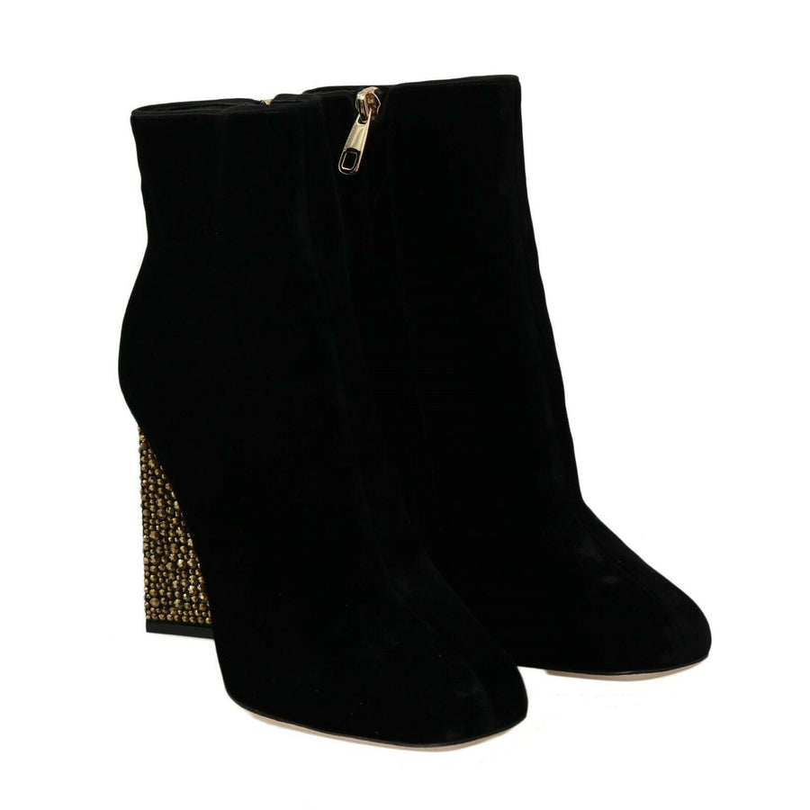 Dolce & Gabbana Elegant Velvet Ankle Boots with Crystal Heels