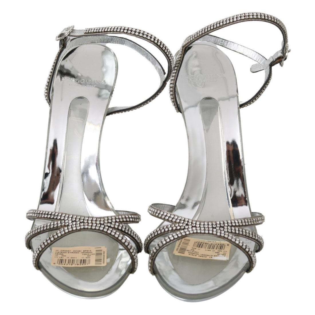 Dolce & Gabbana Silver Leather Ankle Strap Sandals with Crystals