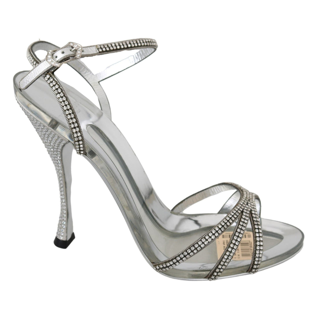 Dolce & Gabbana Silver Leather Ankle Strap Sandals with Crystals