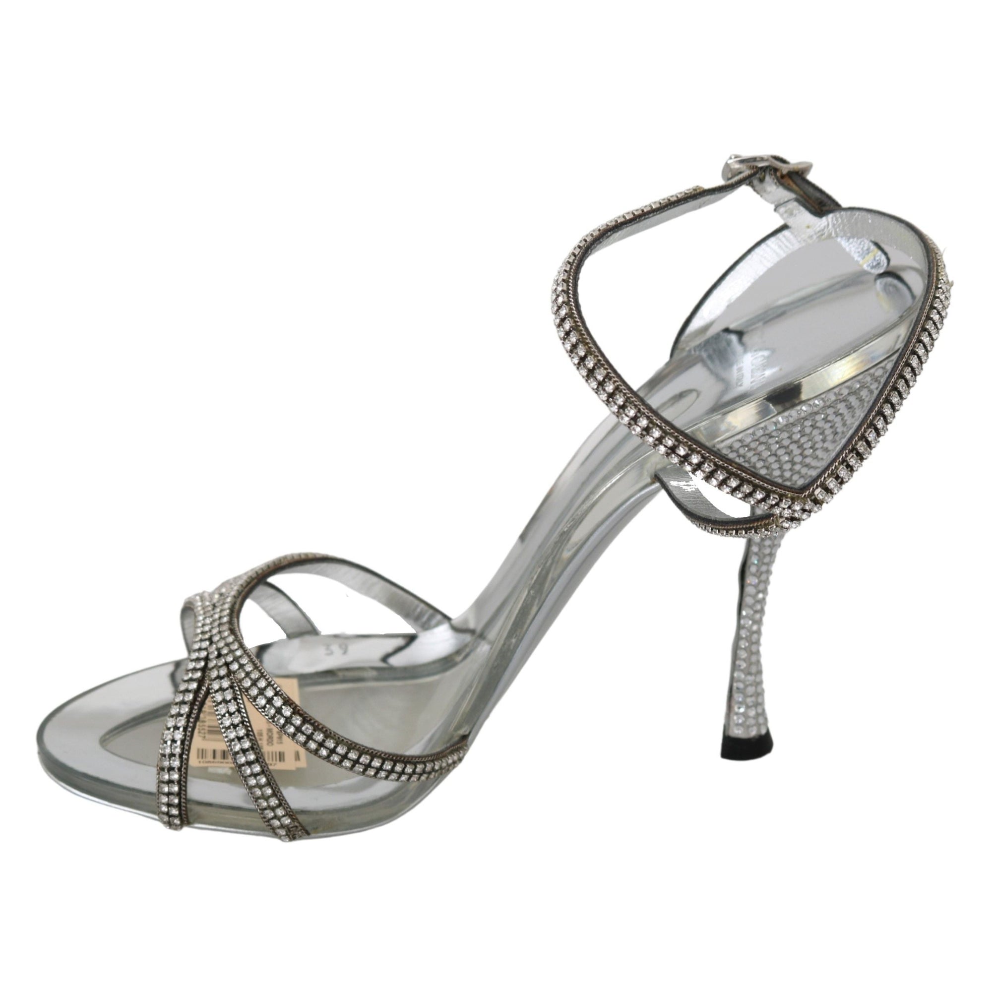 Dolce &amp; Gabbana Silver Leather Ankle Strap Sandals with Crystals