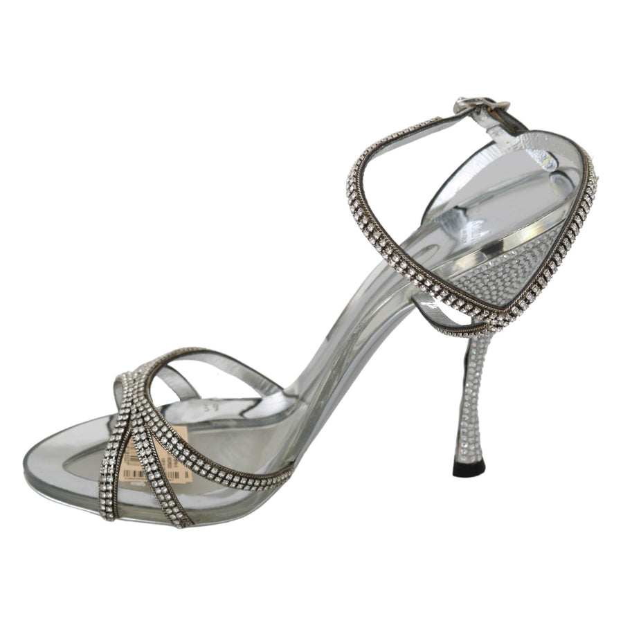 Dolce & Gabbana Silver Leather Ankle Strap Sandals with Crystals