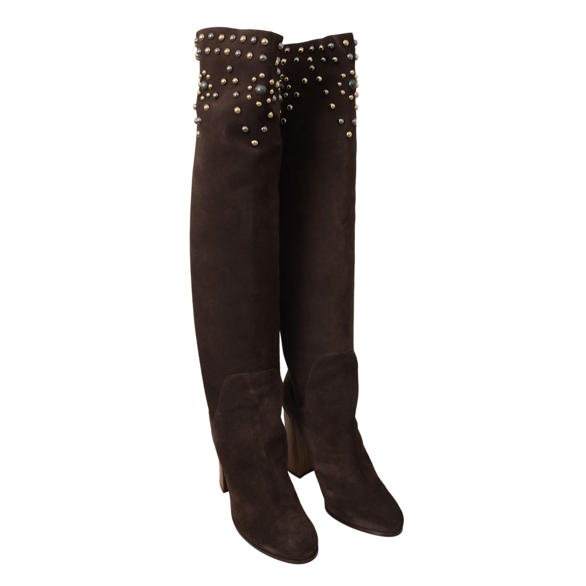 Dolce &amp; Gabbana Studded Suede Knee High Boots in Brown