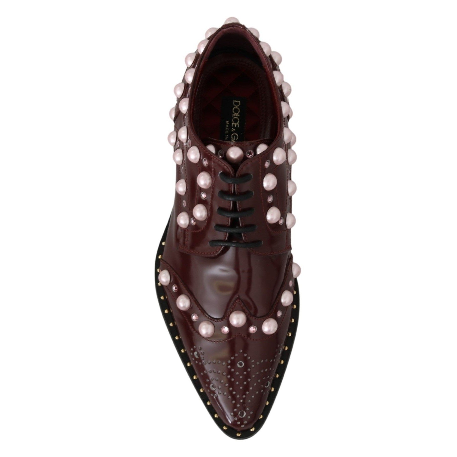 Dolce &amp; Gabbana Elegant Bordeaux Lace-Up Flats with Pearls and Crystals