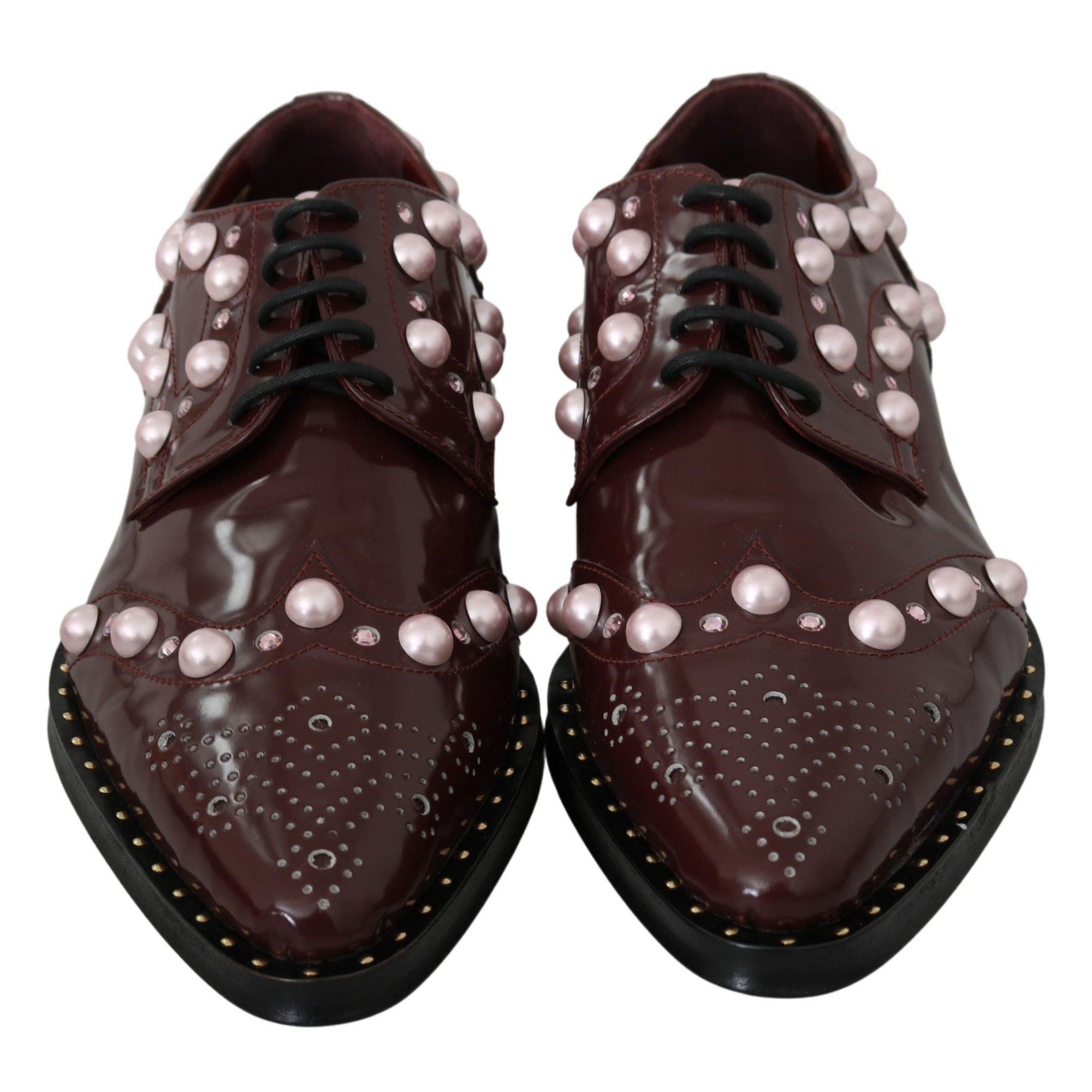 Dolce &amp; Gabbana Elegant Bordeaux Lace-Up Flats with Pearls and Crystals