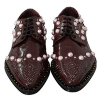 Dolce & Gabbana Elegant Bordeaux Lace-Up Flats with Pearls and Crystals