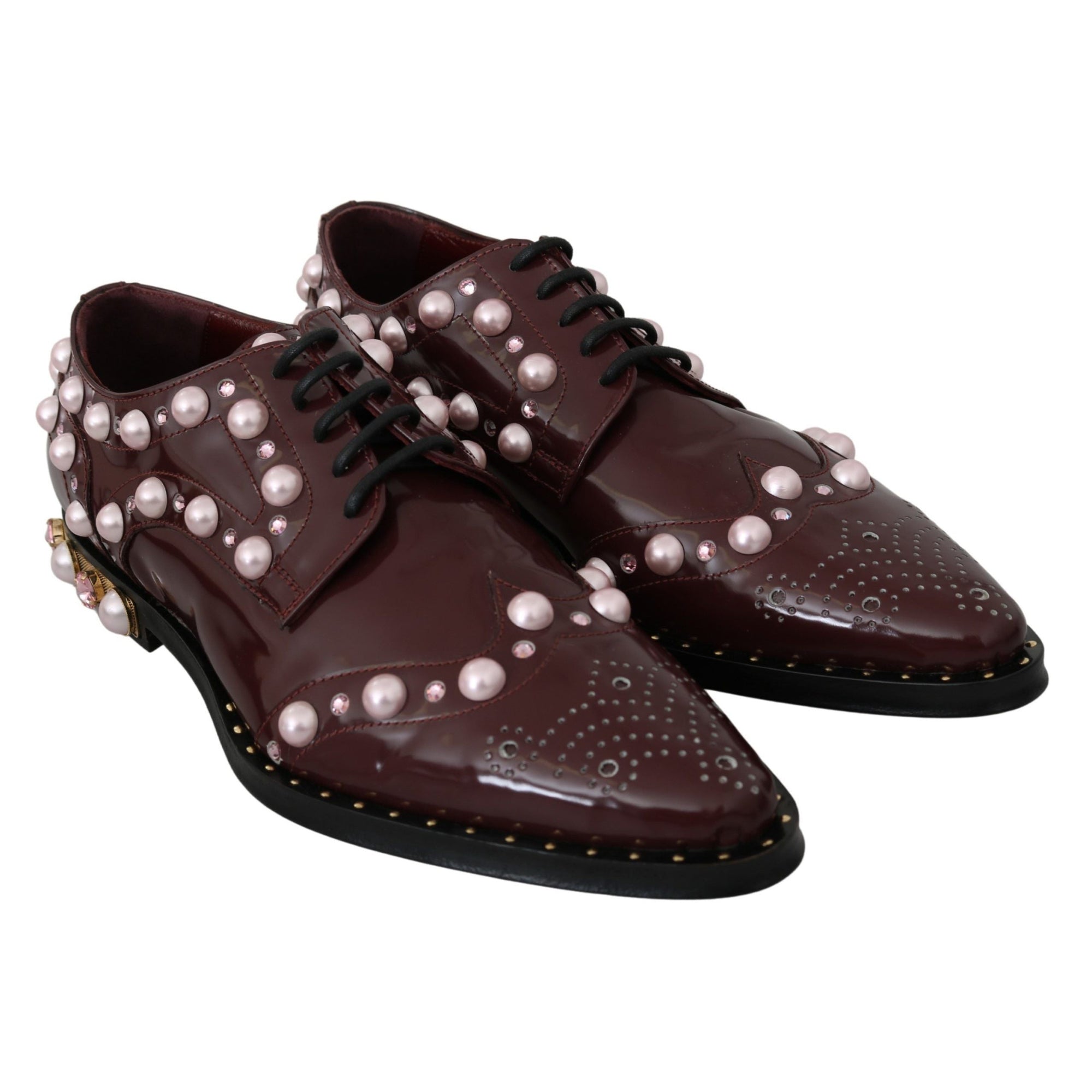 Dolce &amp; Gabbana Elegant Bordeaux Lace-Up Flats with Pearls and Crystals