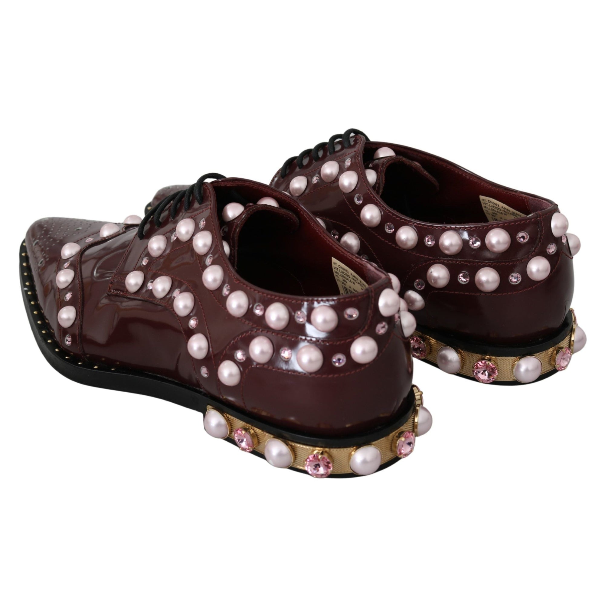 Dolce &amp; Gabbana Elegant Bordeaux Lace-Up Flats with Pearls and Crystals