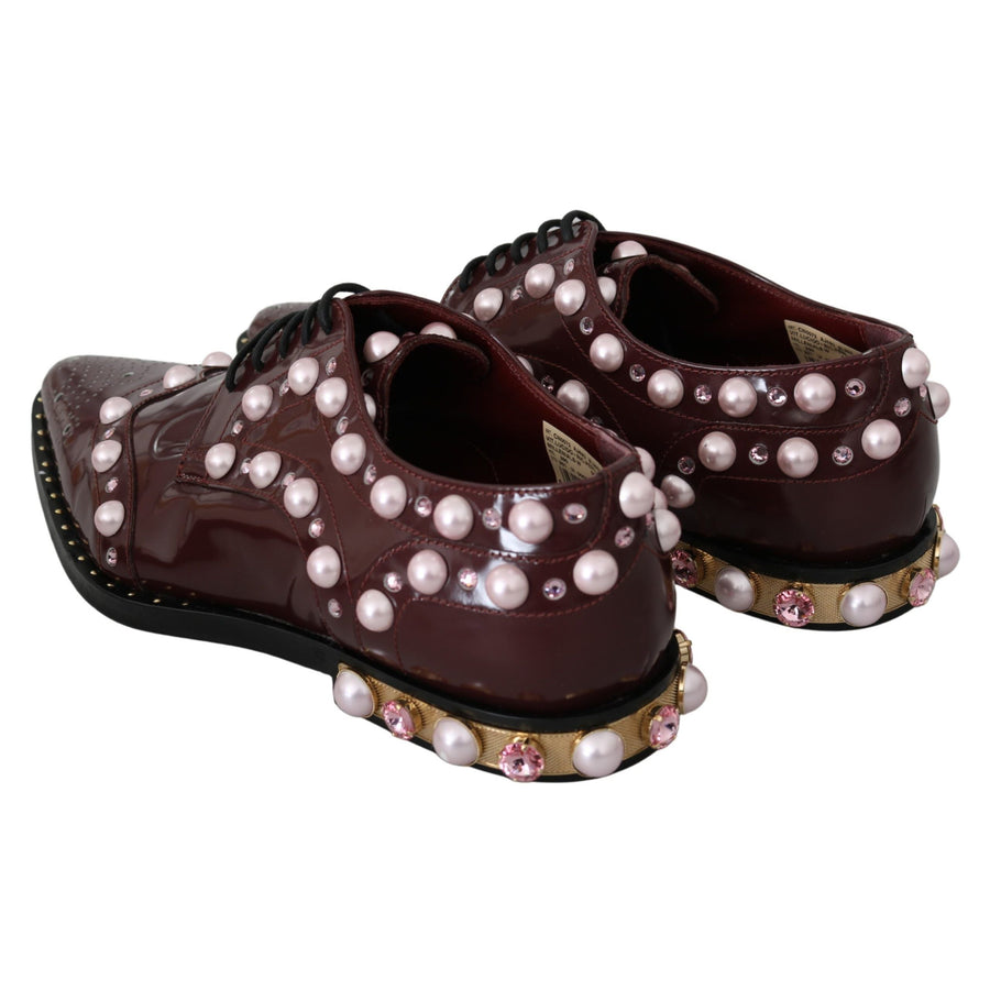 Dolce & Gabbana Elegant Bordeaux Lace-Up Flats with Pearls and Crystals