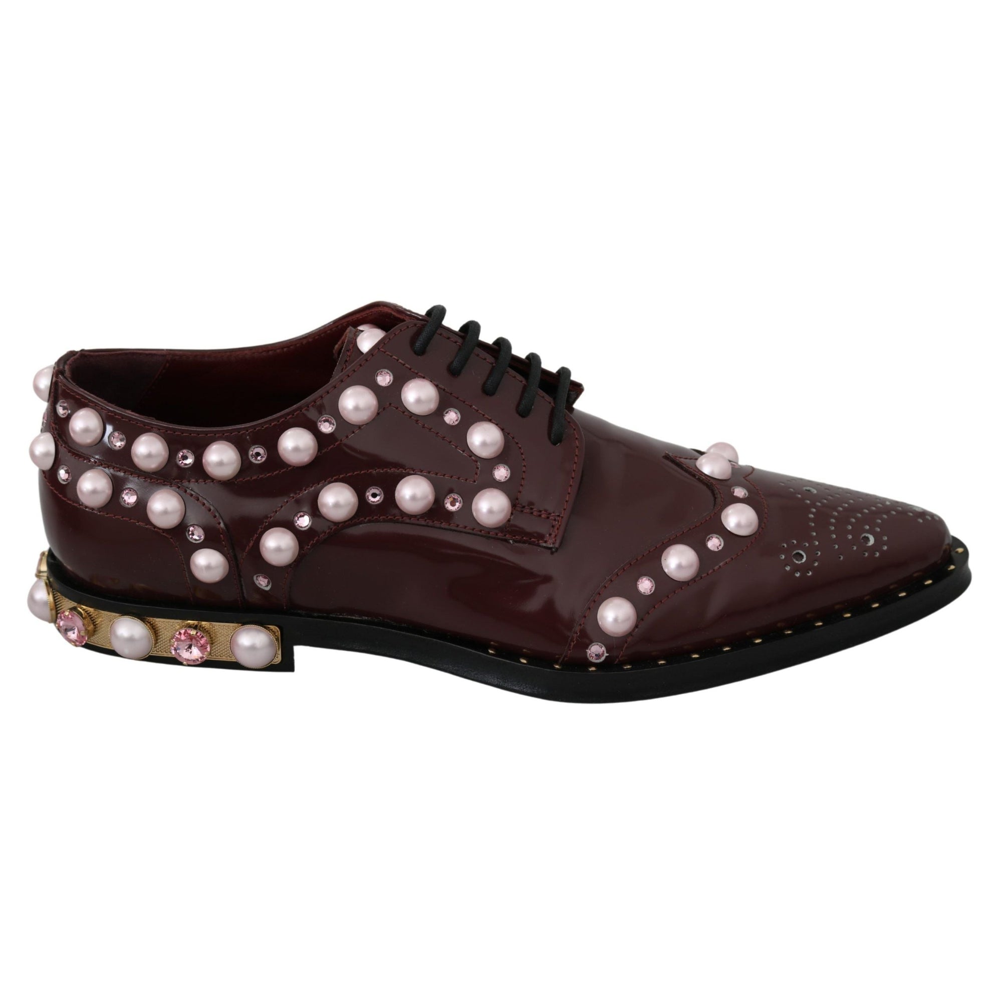 Dolce &amp; Gabbana Elegant Bordeaux Lace-Up Flats with Pearls and Crystals
