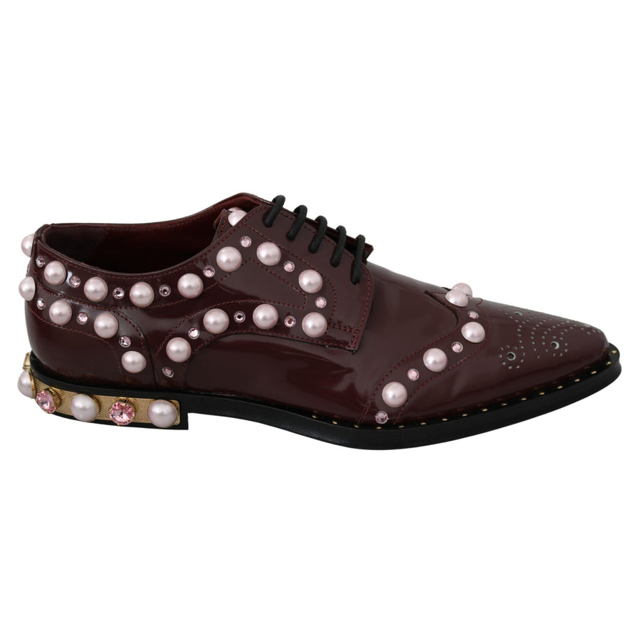 Dolce & Gabbana Elegant Bordeaux Lace-Up Flats with Pearls and Crystals