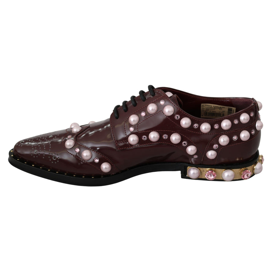 Dolce & Gabbana Elegant Bordeaux Lace-Up Flats with Pearls and Crystals