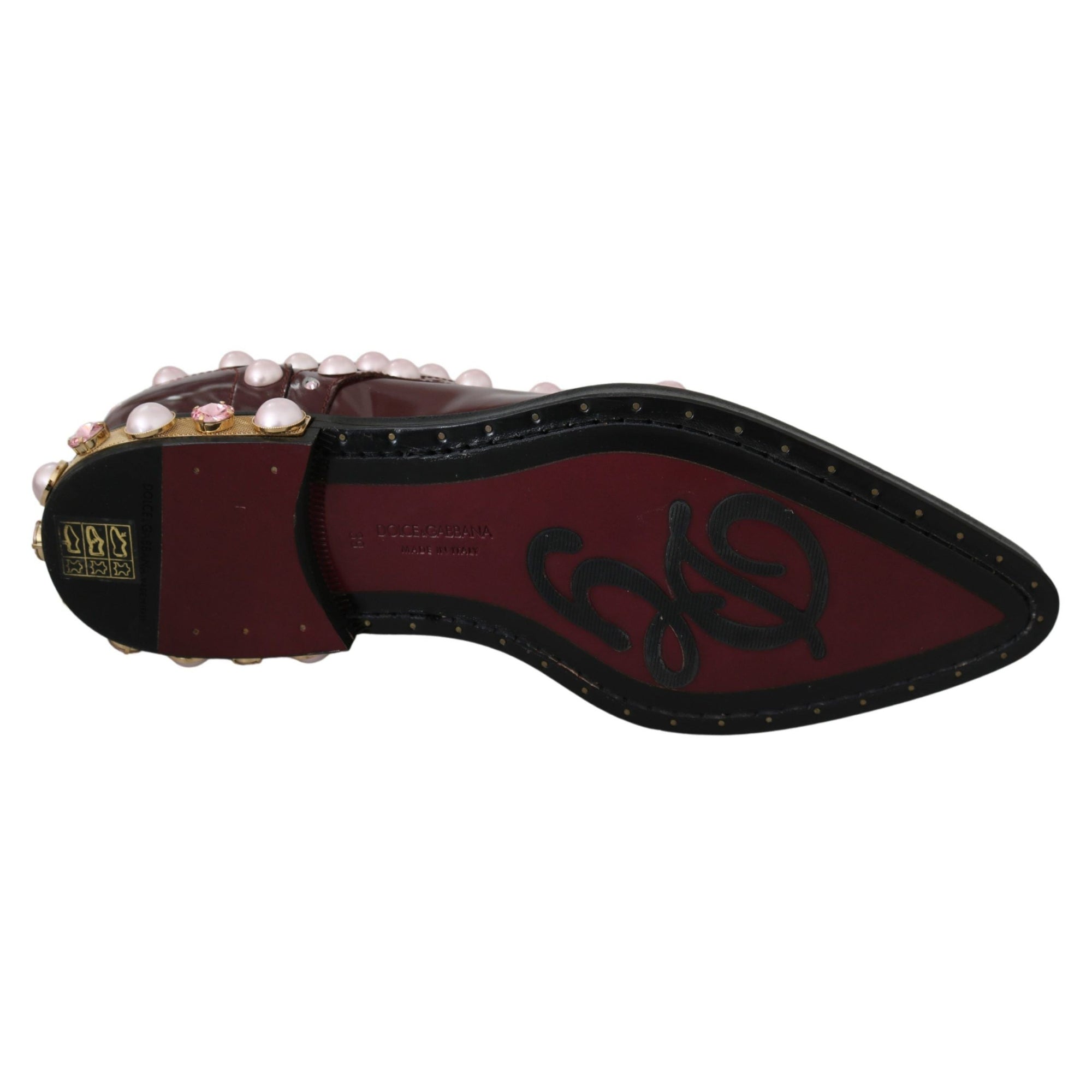 Dolce &amp; Gabbana Elegant Bordeaux Lace-Up Flats with Pearls and Crystals