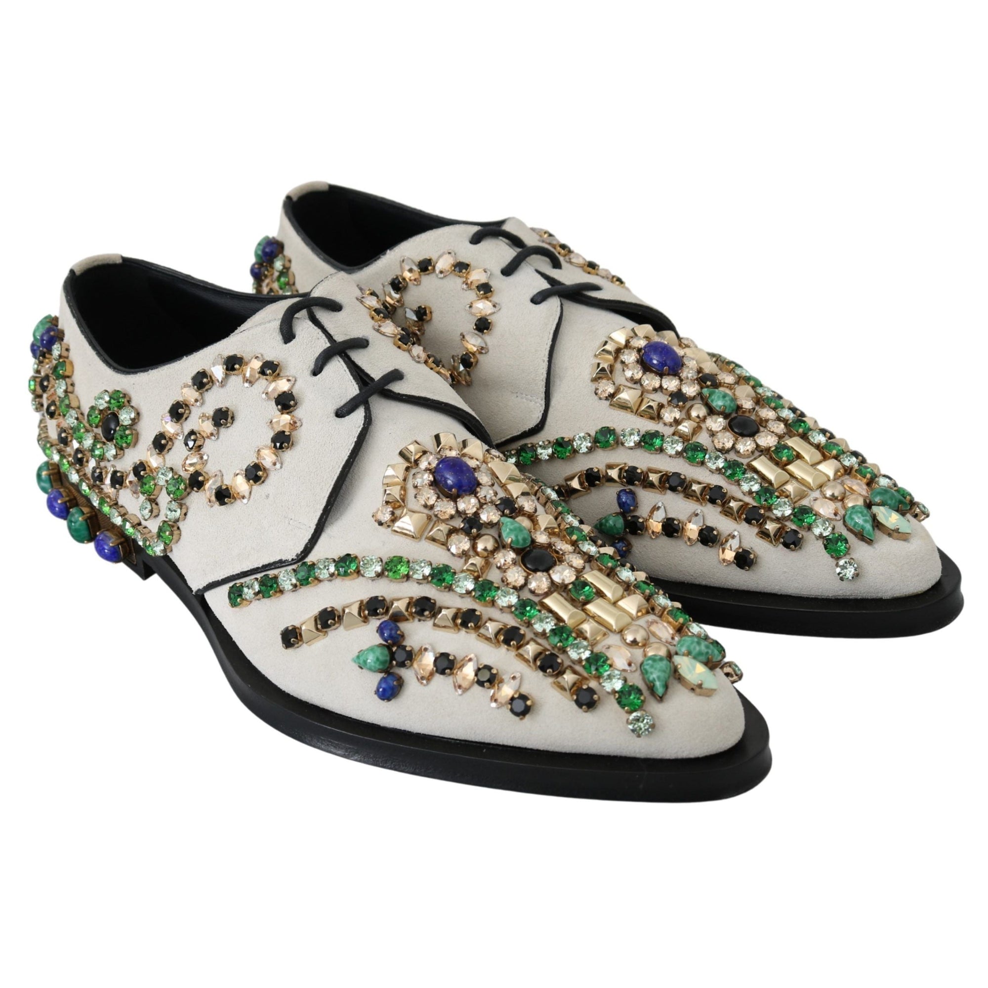 Dolce &amp; Gabbana Elegant White Suede Dress Flats with Crystals