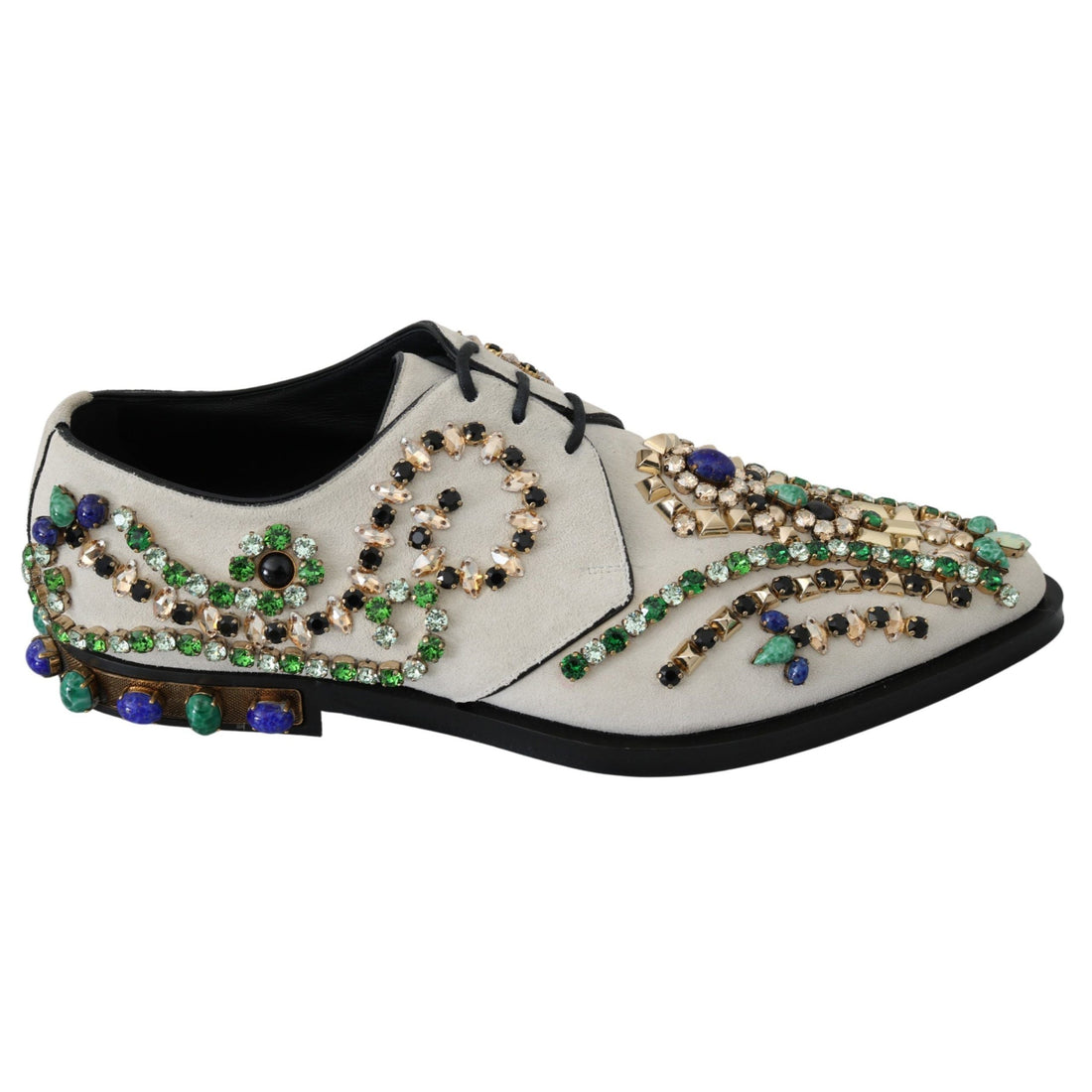 Dolce & Gabbana Elegant White Suede Dress Flats with Crystals