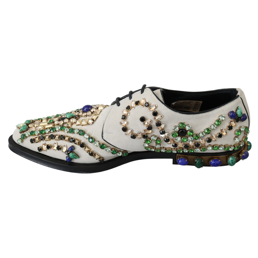 Dolce & Gabbana Elegant White Suede Dress Flats with Crystals