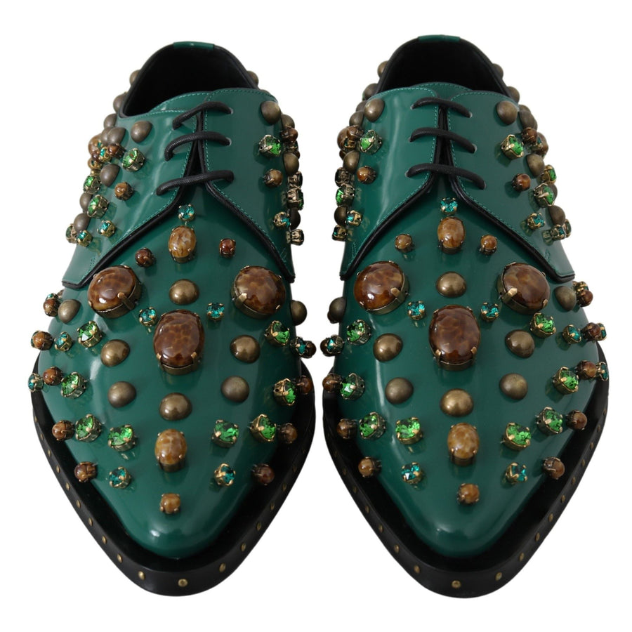 Dolce & Gabbana Emerald Leather Dress Shoes with Crystal Accents