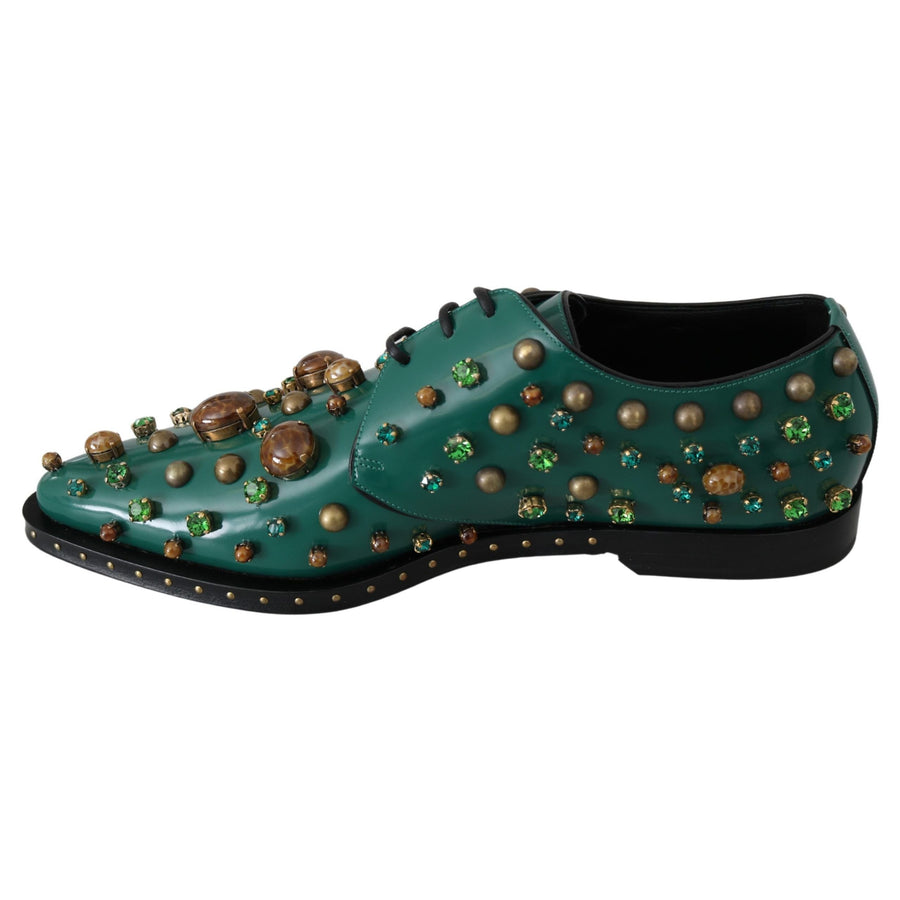 Dolce & Gabbana Emerald Leather Dress Shoes with Crystal Accents