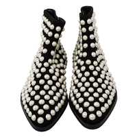 Dolce & Gabbana Chic Black Suede Ankle Boots with Pearls