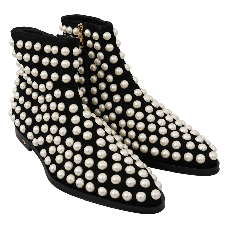 Dolce & Gabbana Chic Black Suede Ankle Boots with Pearls