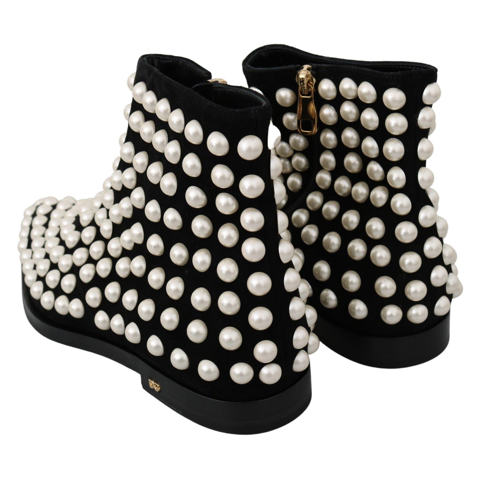 Dolce &amp; Gabbana Chic Black Suede Ankle Boots with Pearls