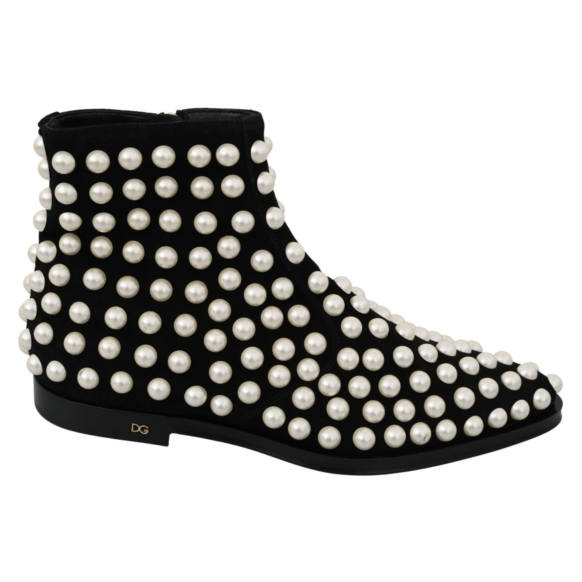 Dolce &amp; Gabbana Chic Black Suede Ankle Boots with Pearls