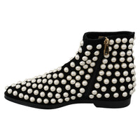 Dolce & Gabbana Chic Black Suede Ankle Boots with Pearls