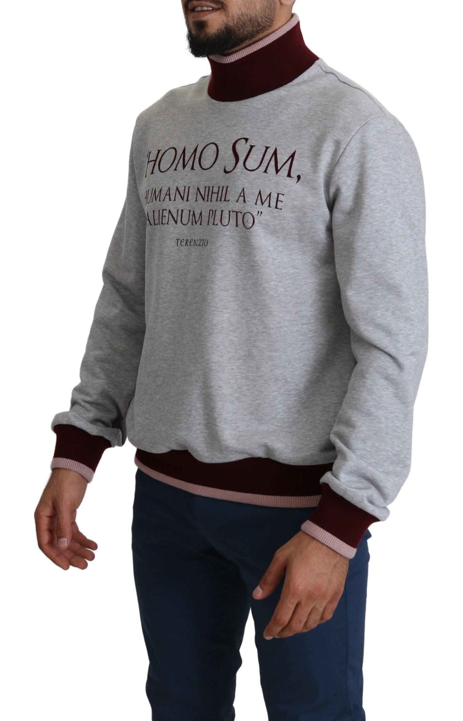 Dolce &amp; Gabbana Elegant Gray Turtleneck Latin Motif Pullover