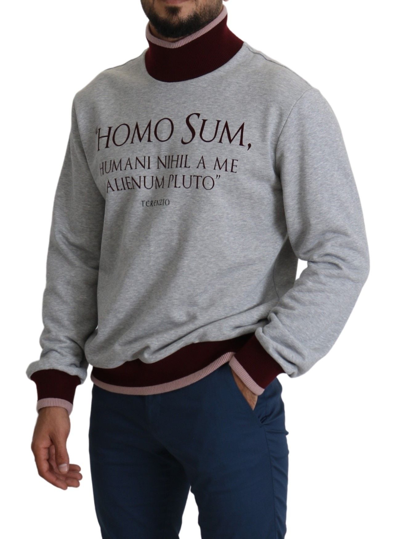 Dolce &amp; Gabbana Elegant Gray Turtleneck Latin Motif Pullover