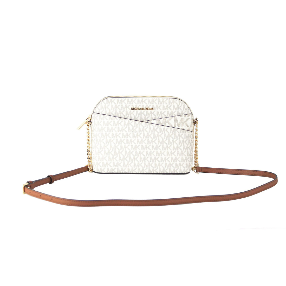 Michael Kors Jet Set Travel Medium Leather X Cross Dome Crossbody Handbag (Vanilla Signature/Gold)