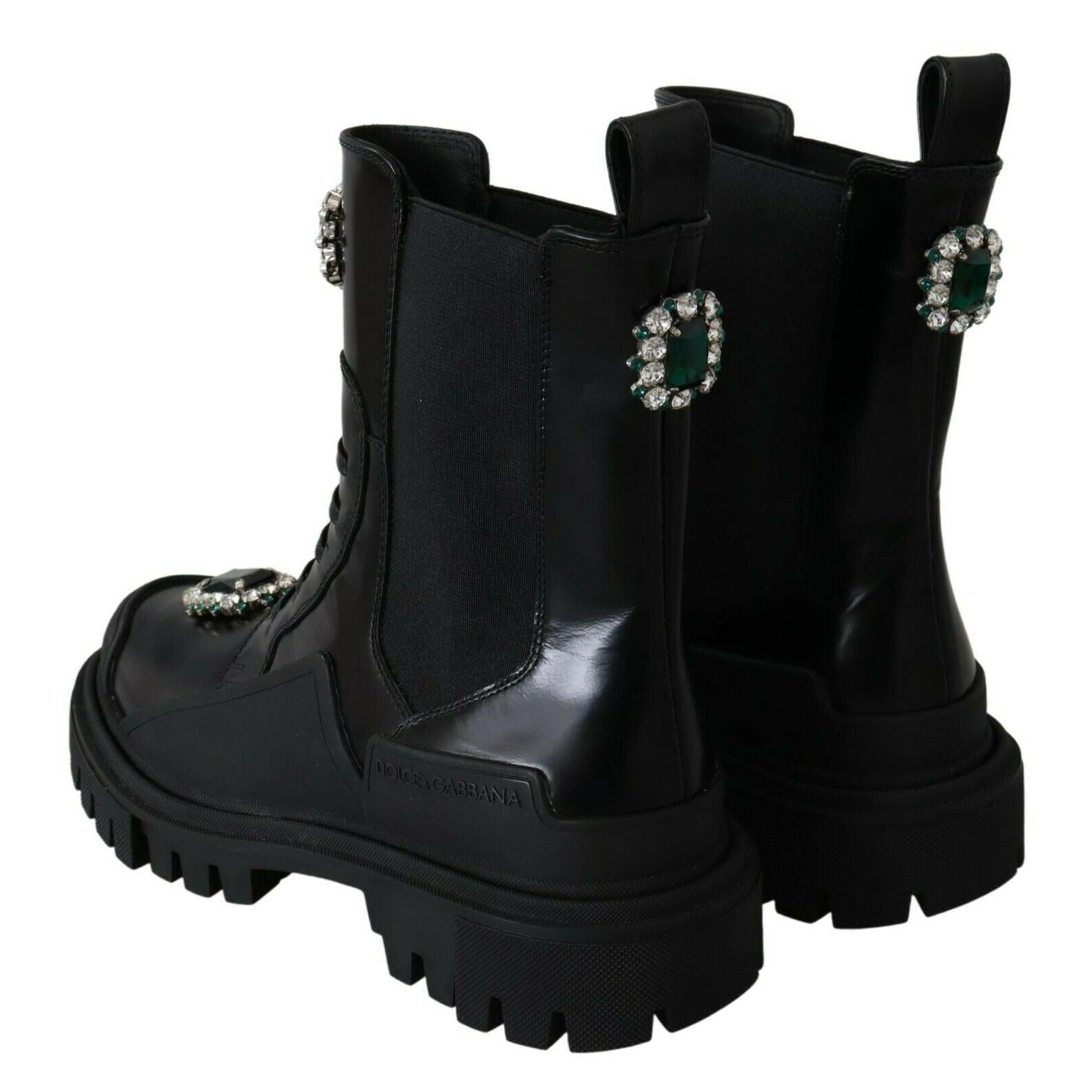 Dolce &amp; Gabbana Elegant Black Leather Combat Boots with Crystal Detail