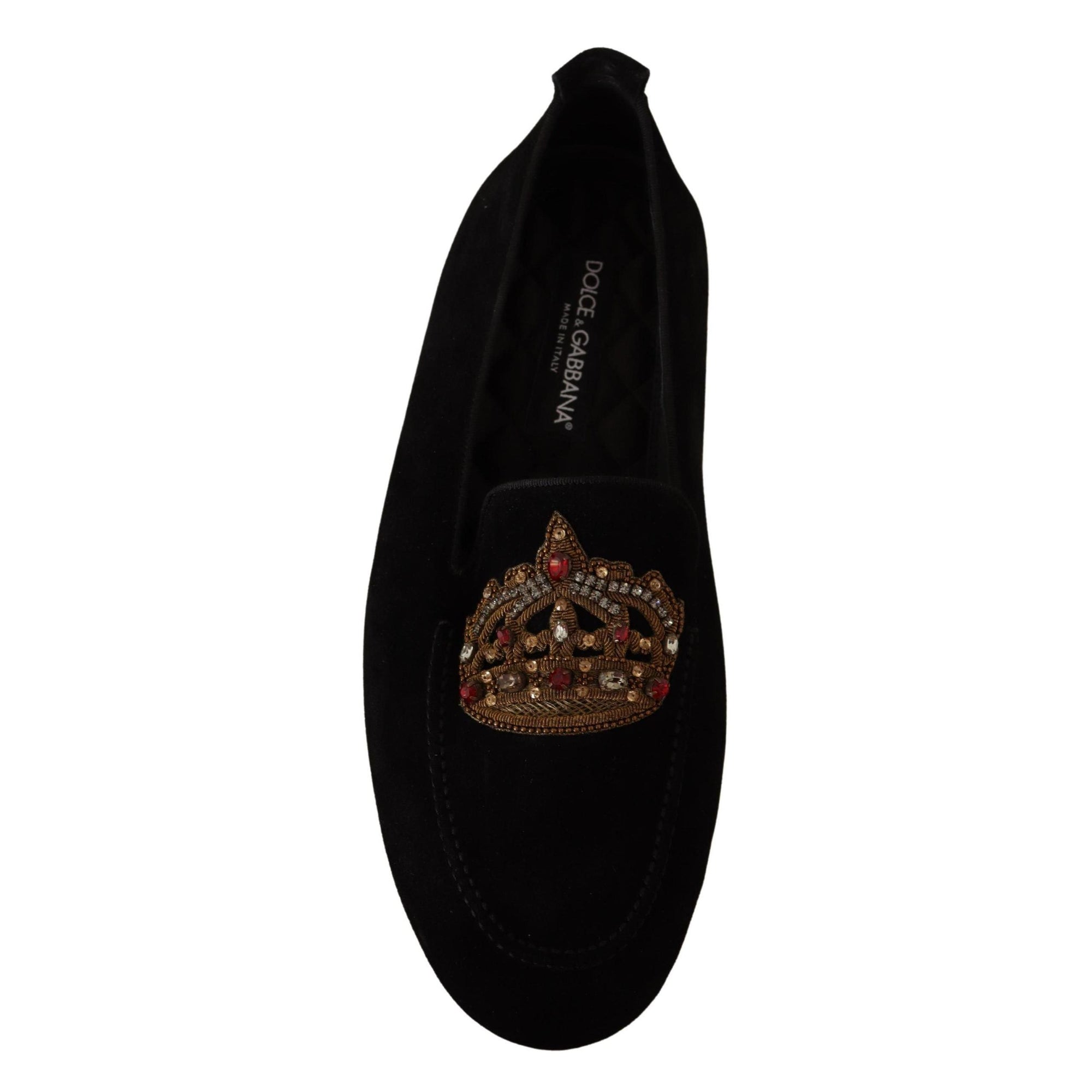 Dolce &amp; Gabbana Elegant Black Leather Loafer Slides with Gold Embroidery