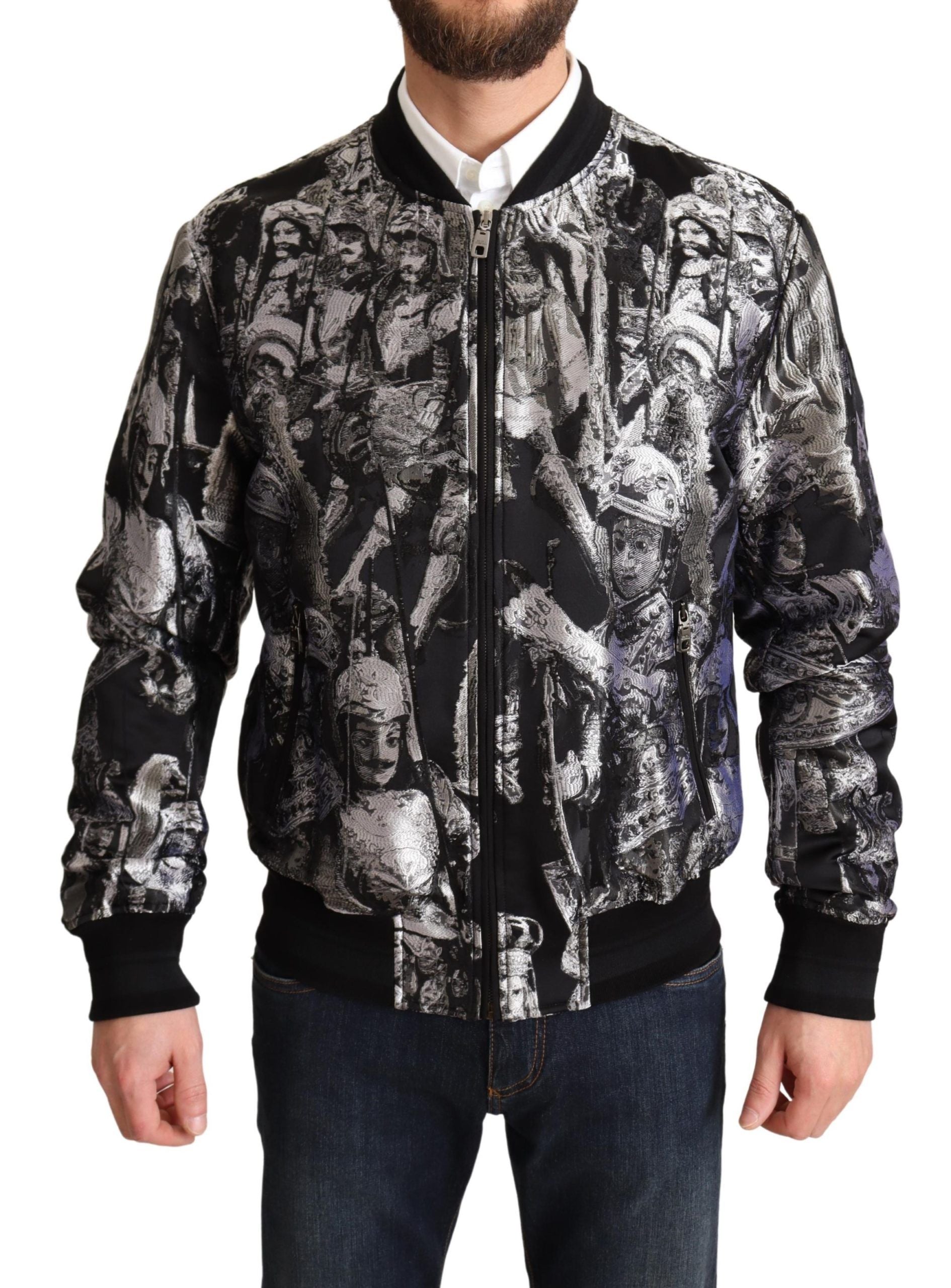 Dolce &amp; Gabbana Elegant Black Bomber Jacket with Silver Details