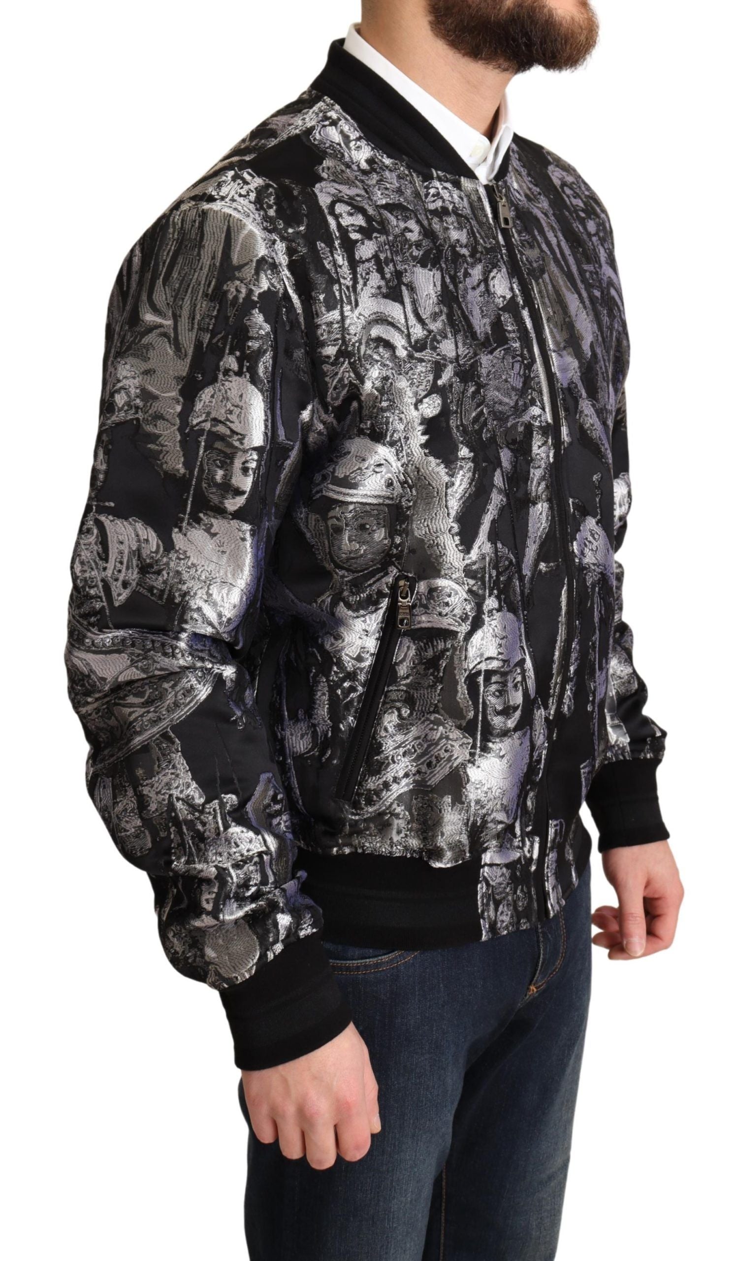 Dolce &amp; Gabbana Elegant Black Bomber Jacket with Silver Details