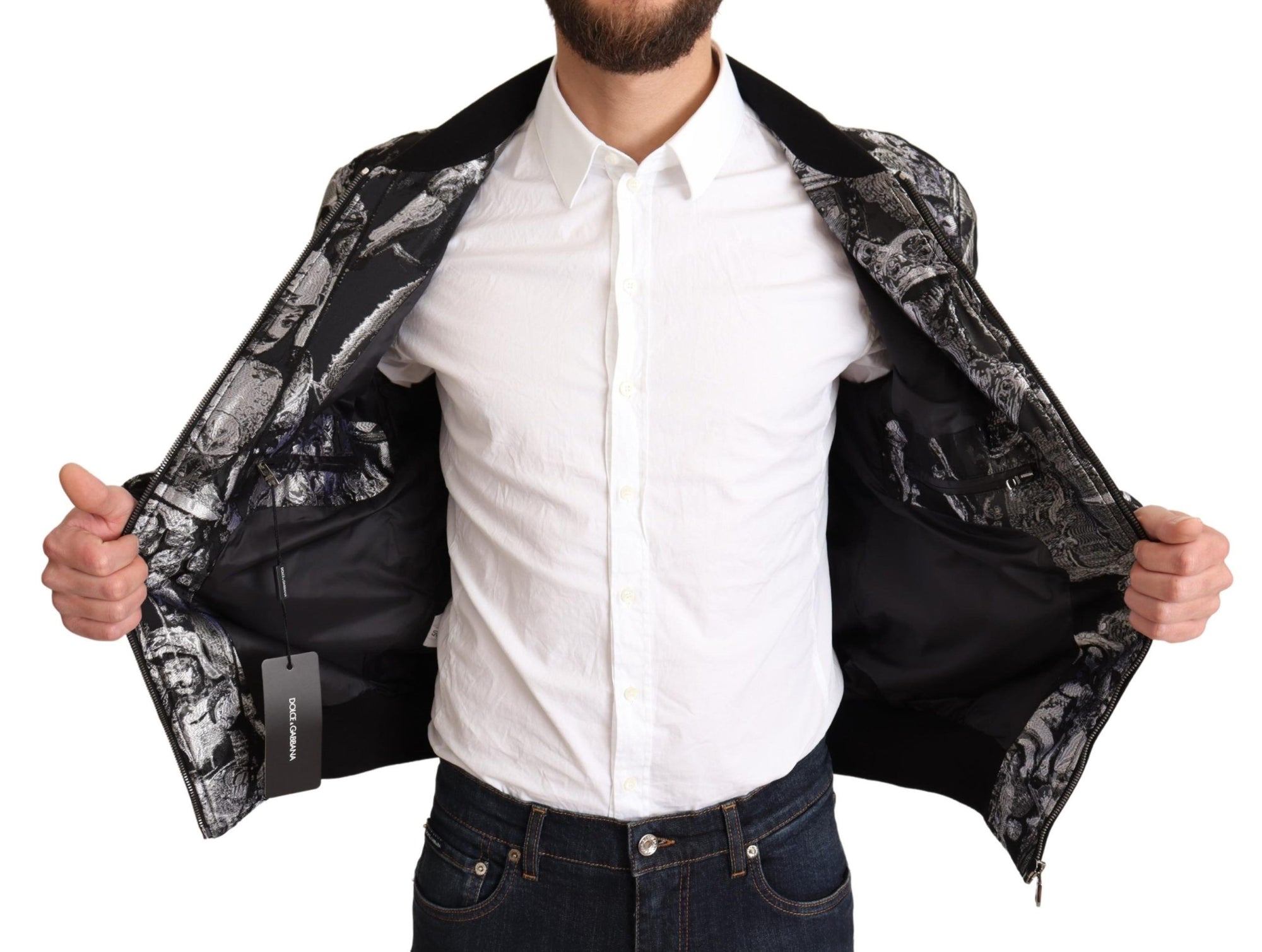 Dolce &amp; Gabbana Elegant Black Bomber Jacket with Silver Details