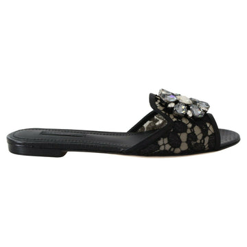 Dolce & Gabbana Elegant Black Lace Mules with Jewel Flower Detail