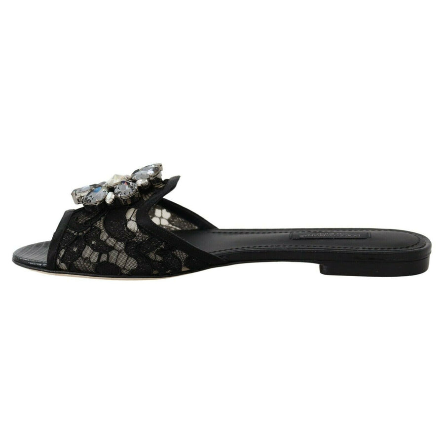 Dolce & Gabbana Elegant Black Lace Mules with Jewel Flower Detail