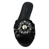 Dolce & Gabbana Elegant Black Lace Mules with Jewel Flower Detail