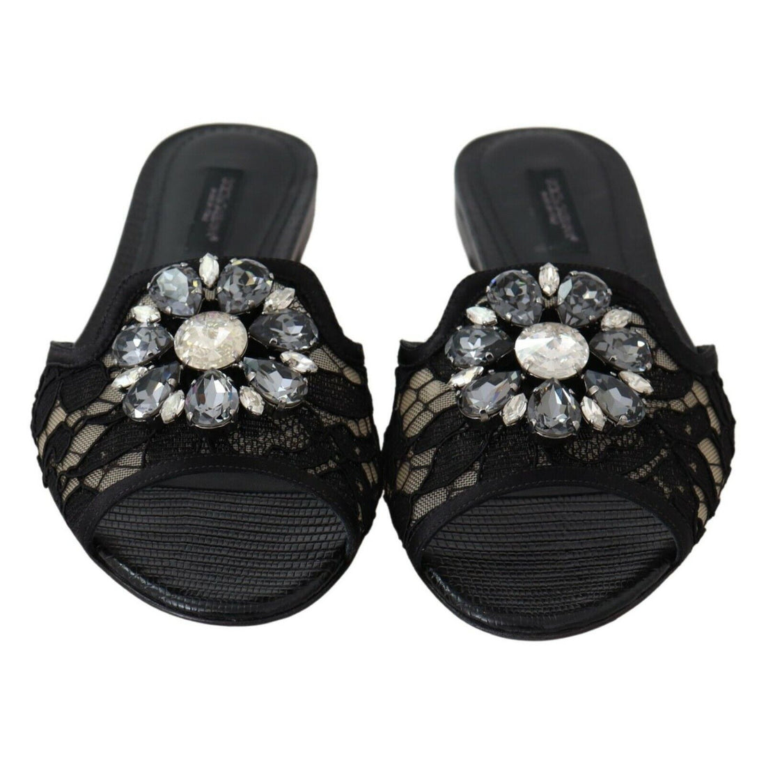 Dolce & Gabbana Elegant Black Lace Mules with Jewel Flower Detail