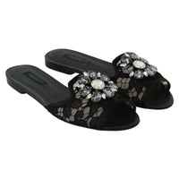 Dolce & Gabbana Elegant Black Lace Mules with Jewel Flower Detail