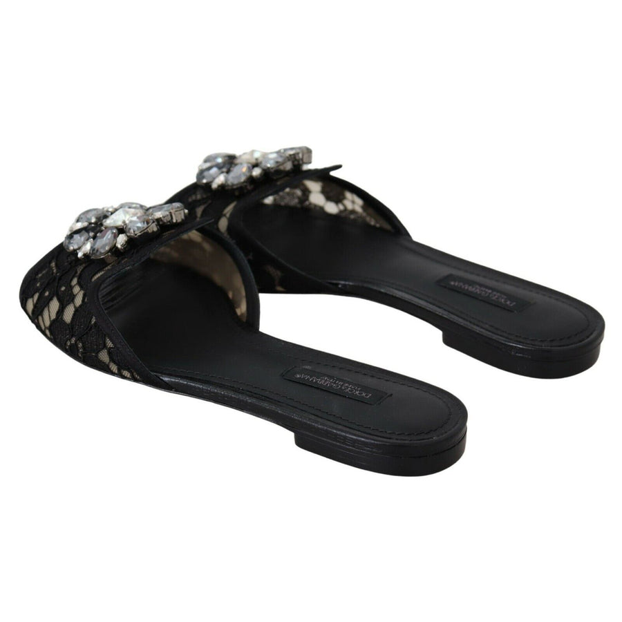 Dolce & Gabbana Elegant Black Lace Mules with Jewel Flower Detail