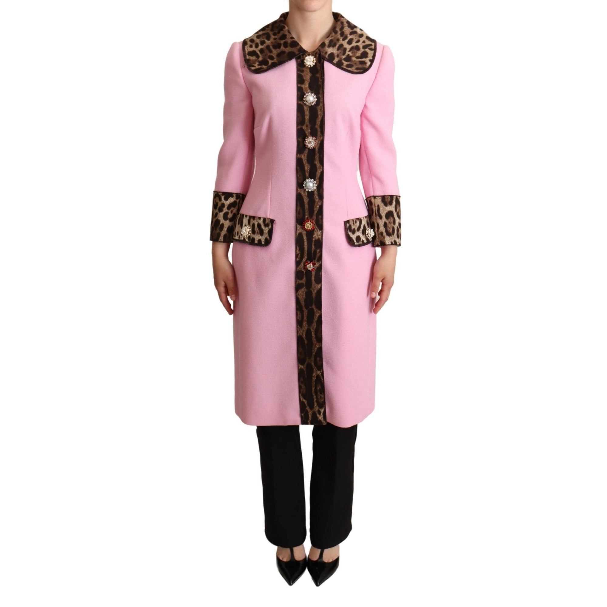 Dolce &amp; Gabbana Chic Pink Leopard Trench with Crystal Buttons